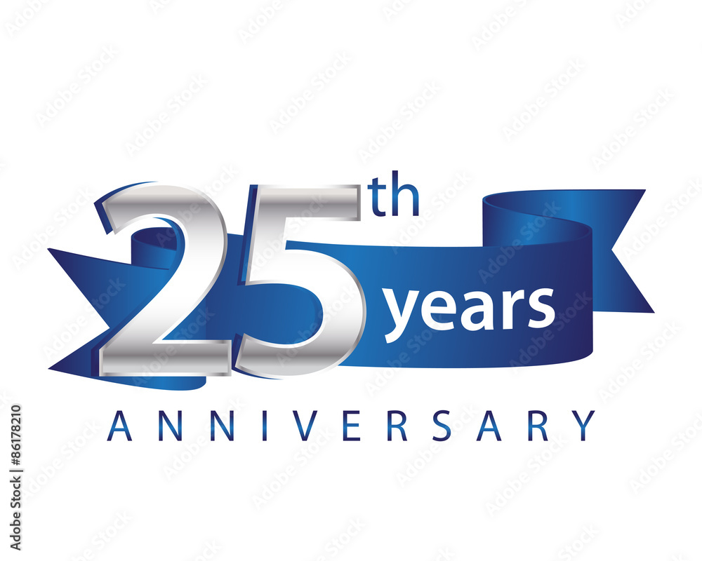 25 Years Anniversary Logo Blue Ribbon - obrazy, fototapety, plakaty 