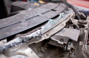 Crashed silver car, front view