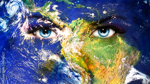 Plakat na zamówienie Planet Earth and blue human eye with violet and pink day makeup.