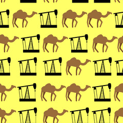 Wall Mural - Desert camels and oil pumps seamless pattern. Vector background