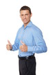 © petrdlouhy - Young businessman in blue shirt shows you thumbs up