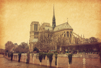 Poster - Notre Dame de Paris. View from the south. Photo in retro style. Paper texture.