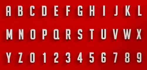 white letters and numbers on red background