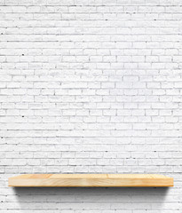 Aufkleber - Empty Wooden shelf at white tile ceramic wall,Template mock up f