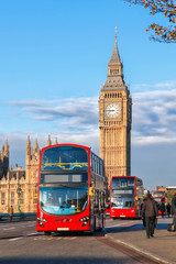Fototapete - Big Ben with buses in London, England, UK
