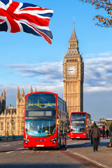 Fototapete - Big Ben with buses in London, England, UK