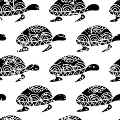 Wall Mural - Vector seamless pattern with hand drawn black turtle isolated on