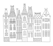 Hand Drawn Old Town Houses Architecture On White Background