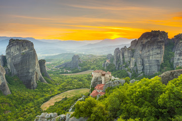 Wall Mural - Meteora monasteries at sunset, Greece