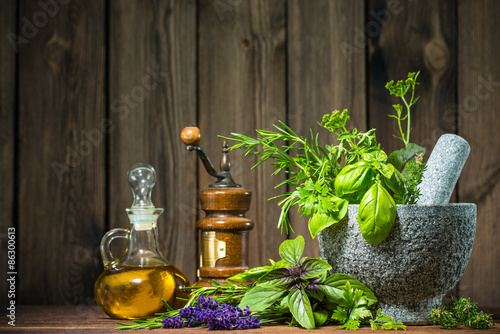 Naklejka - mata magnetyczna na lodówkę Various fresh herbs hanging on a leash