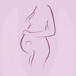 Pregnant woman, stylized vector. Heart and stylized flowers. Pink background.