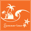Summer time graphic image with sea wave and tropical palm trees