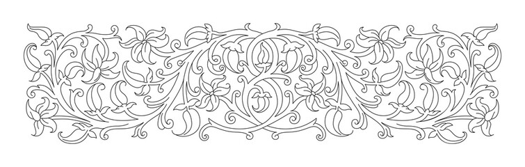 Floral ornament in medieval style. Pattern of interwoven stems, foliage and flowers. Vector frame, elegant vignette, design element and page decoration