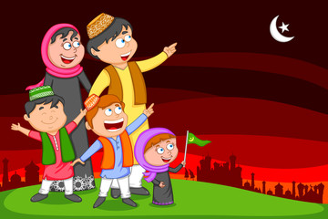 Wall Mural - Happy muslim family wishing Eid mubarak