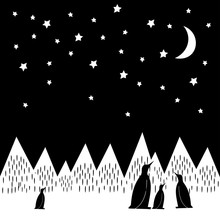 Arctic Night Vector Illustration With Penguins Family, Geometric Snowy Mountains, Moon And Stars. Black And White Nature Print. Cute Mountains Landscape Background.