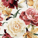 Fototapeta Sypialnia - Seamless floral pattern with roses, watercolor. Vector illustrat