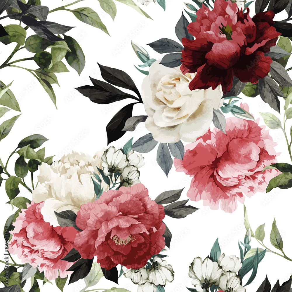 Seamless floral pattern with roses, watercolor. Vector illustrat - obrazy, fototapety, plakaty 