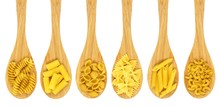 Wooden Cooking Spoons Filled With Various Types Dry Pasta