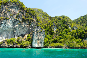 Green sea water infront of green island