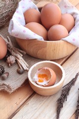 Poster - soft-boiled egg and eggs on wood background