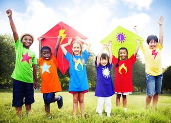 Wall Mural - Children Flying Kite Playful Friendship Concept