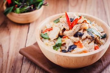 Wall Mural - Close up Rice topped with stir fried pork and basil