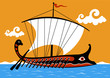 Ancient Greek trireme sailing on the sea. Vector illustration