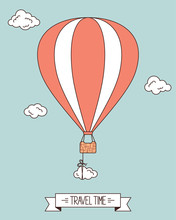 Hot Air Balloon With Clouds And Banner For Your Text