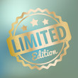 Limited Edition rubber stamp award vector gold on a blue bokeh background.