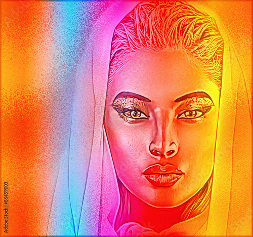 Fotografie, Obraz A spiritual woman's face close up with a veil with a colorful abstract gradient effect that adds mystery