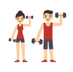 Wall Mural - Cute cartoon style couple with dumbbells isolated on white background. Modern minimalistic flat vector style.