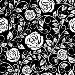 Wall Mural - White roses seamless pattern on black background