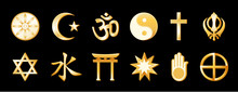World Religions, Symbols Of International Faiths, Buddhism, Islam, Hindu, Taoism, Christianity, Sikh. Judaism, Confucianism, Shinto, Baha'i, Jain, Native Spirituality