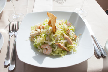 Wall Mural - seafood salad on white plate