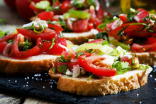 Italian Bruschetta With Tomato, Onion And Bell Pepper, Selective