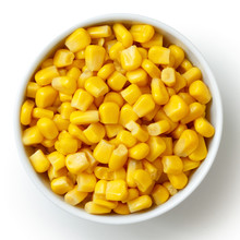 Bowl Of Tinned Sweetcorn Isolated From Above On White.