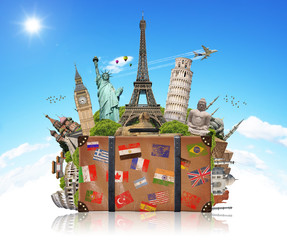 Wall Mural - illustration of a suitcase full of famous monument
