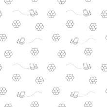 Monochrome Daisy Flowers And Bee Black White Seamless Vector Pattern
