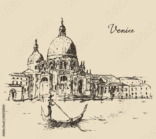 Plakat na zamówienie Streets Venice Italy with Gondola Vintage Engraved