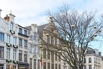 Historical center of Brussels with trees decorated for Christmas celebration in early morning