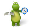3d cartoon animal with a clock and some money. 3d image. Isolated white background