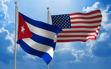 Wall Mural - Cuba and United States flags flying together for diplomatic talks