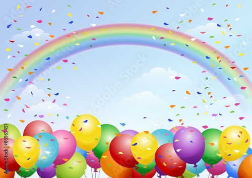風船 虹 背景 パーティ 祝賀 祭り向け背景素材 サイズ Festival Background With Colorful Balloons Rainbows And Scattered Confetti Celebration About Sized Art Board Stock Vector Adobe Stock