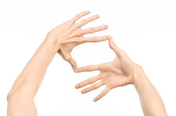 Gestures topic: human hand gestures showing first-person view isolated on white background in studio