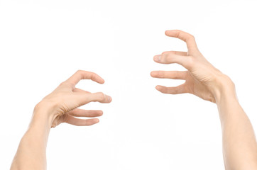 Wall Mural - Gestures topic: human hand gestures showing first-person view isolated on white background in studio