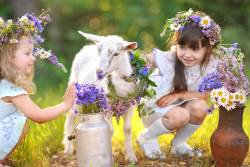 portrait of two girls of girlfriends in the summer in the villag