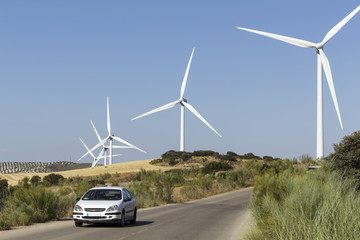 White car on a road that crosses a wind farm