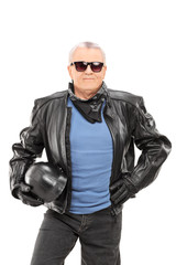 Sticker - Mature biker in a leather jacket holding a helmet