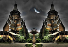 Dark Fantasy Haunted Church Abandoned Witch House Halloween Landscape Moon.
