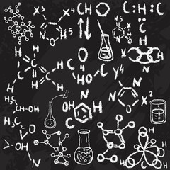 Wall Mural - Hand drawn science laboratory icons sketch. Chalk on a blackboard. Vector illustration.Back to School. Science lab objects doodle style sketch, Laboratory equipment.